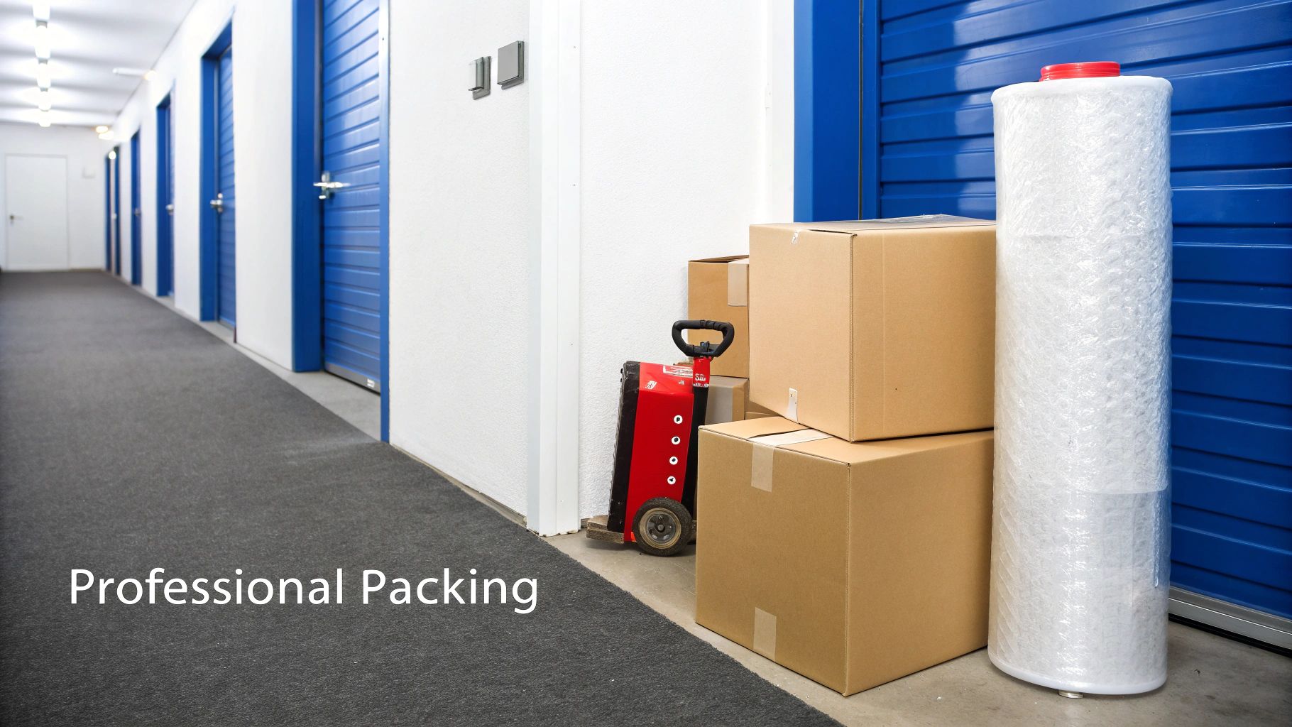 Self-storage hallway with blue doors, cardboard boxes, a hand truck, and bubble wrap for packing.