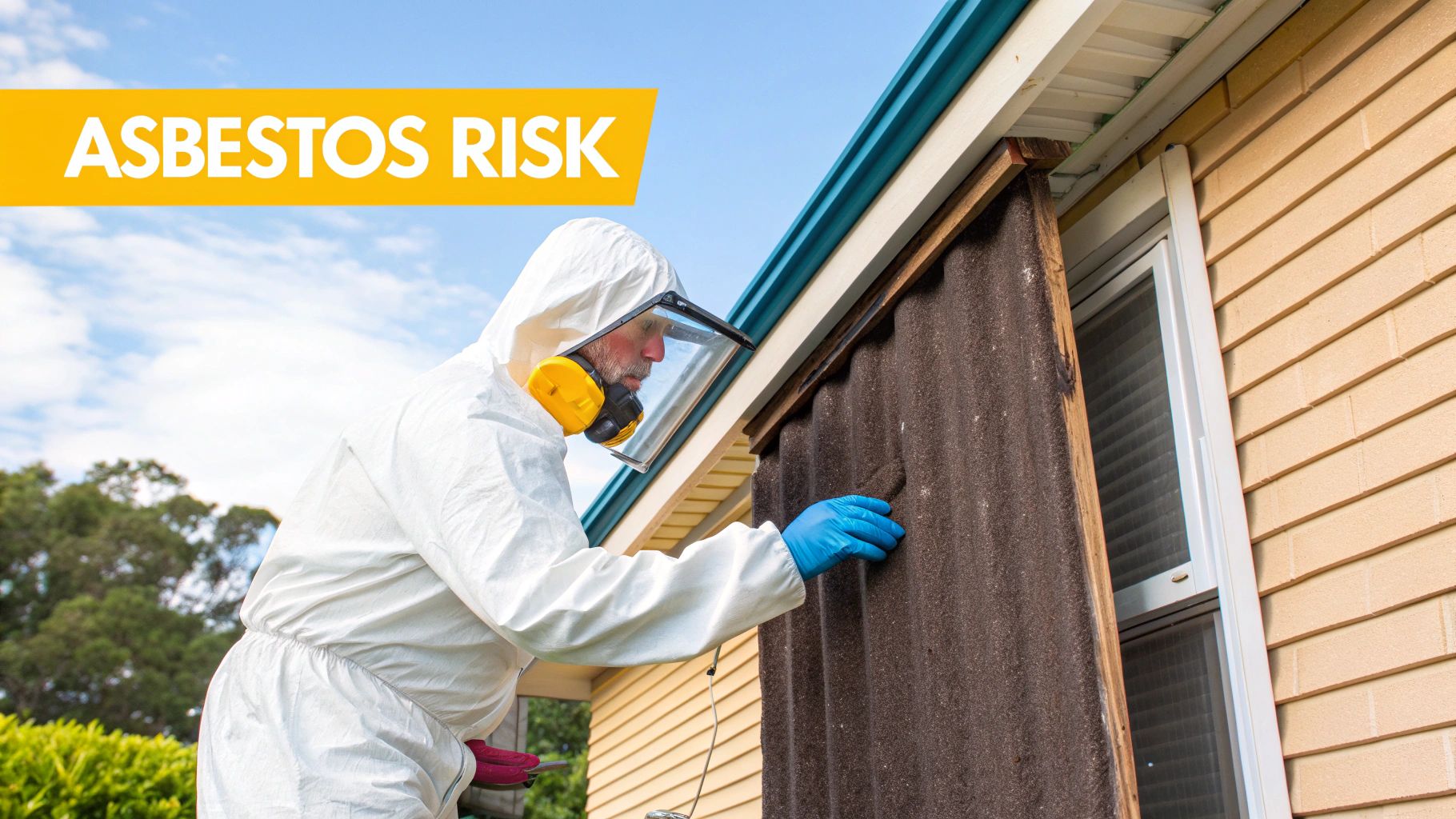 A worker in a full protective suit, face shield, and gloves inspects asbestos on a house.