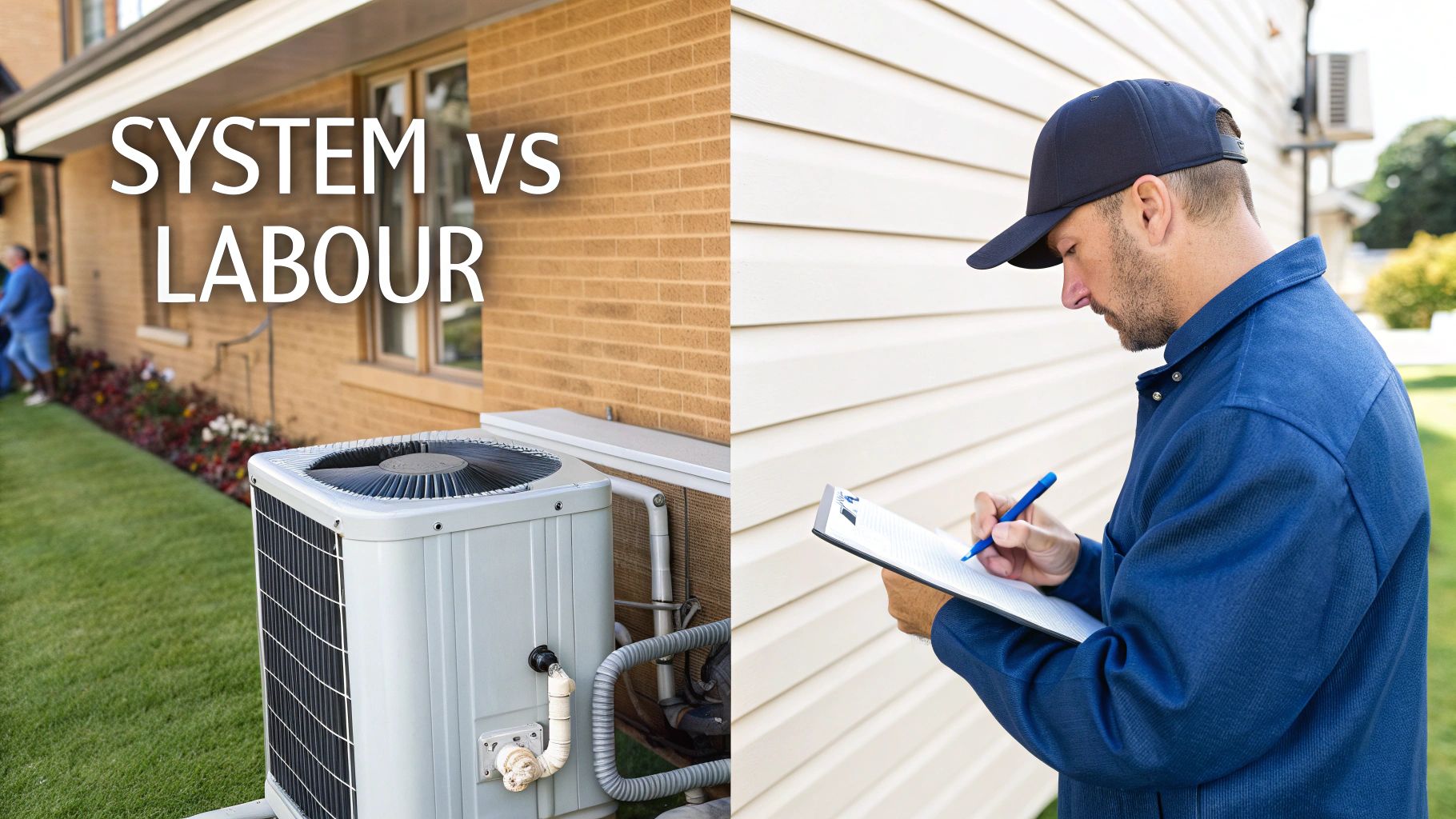 Outdoor AC unit by a brick house, and an HVAC technician inspecting a house wall with a clipboard.