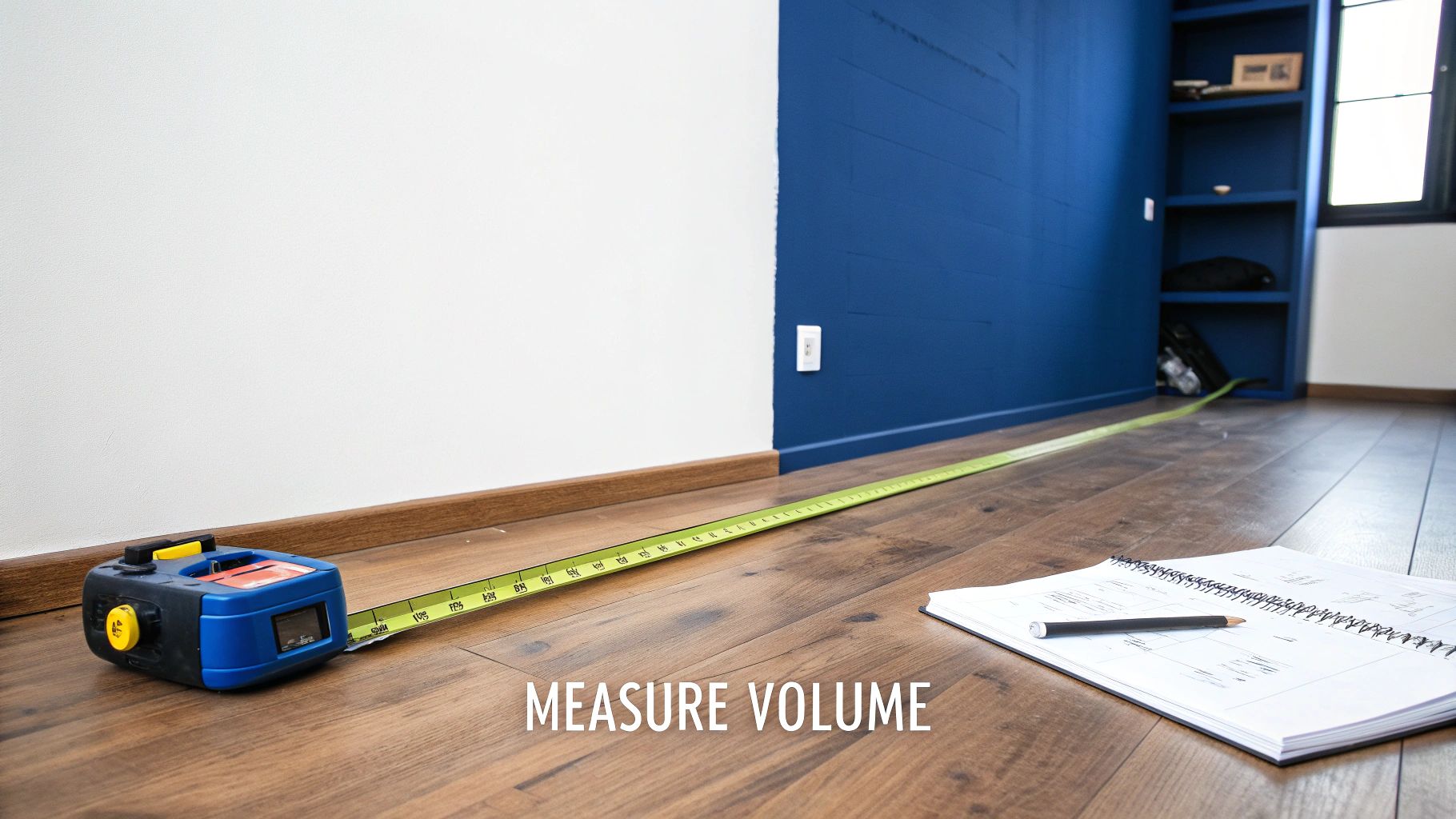 A measuring tape extends across a wooden floor, with a measuring device, notebook, and pencil near a blue and white wall.