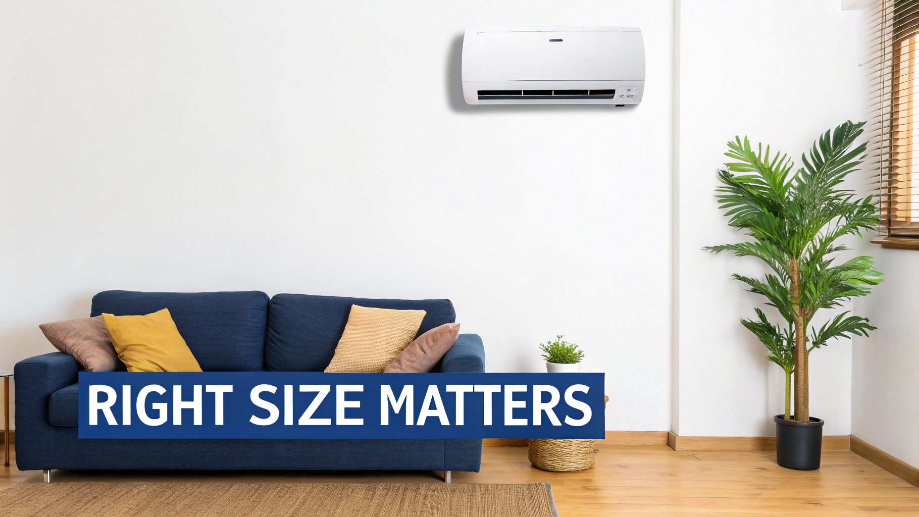 A modern living room with a blue sofa, an air conditioner, and a plant. Text: RIGHT SIZE MATTERS.