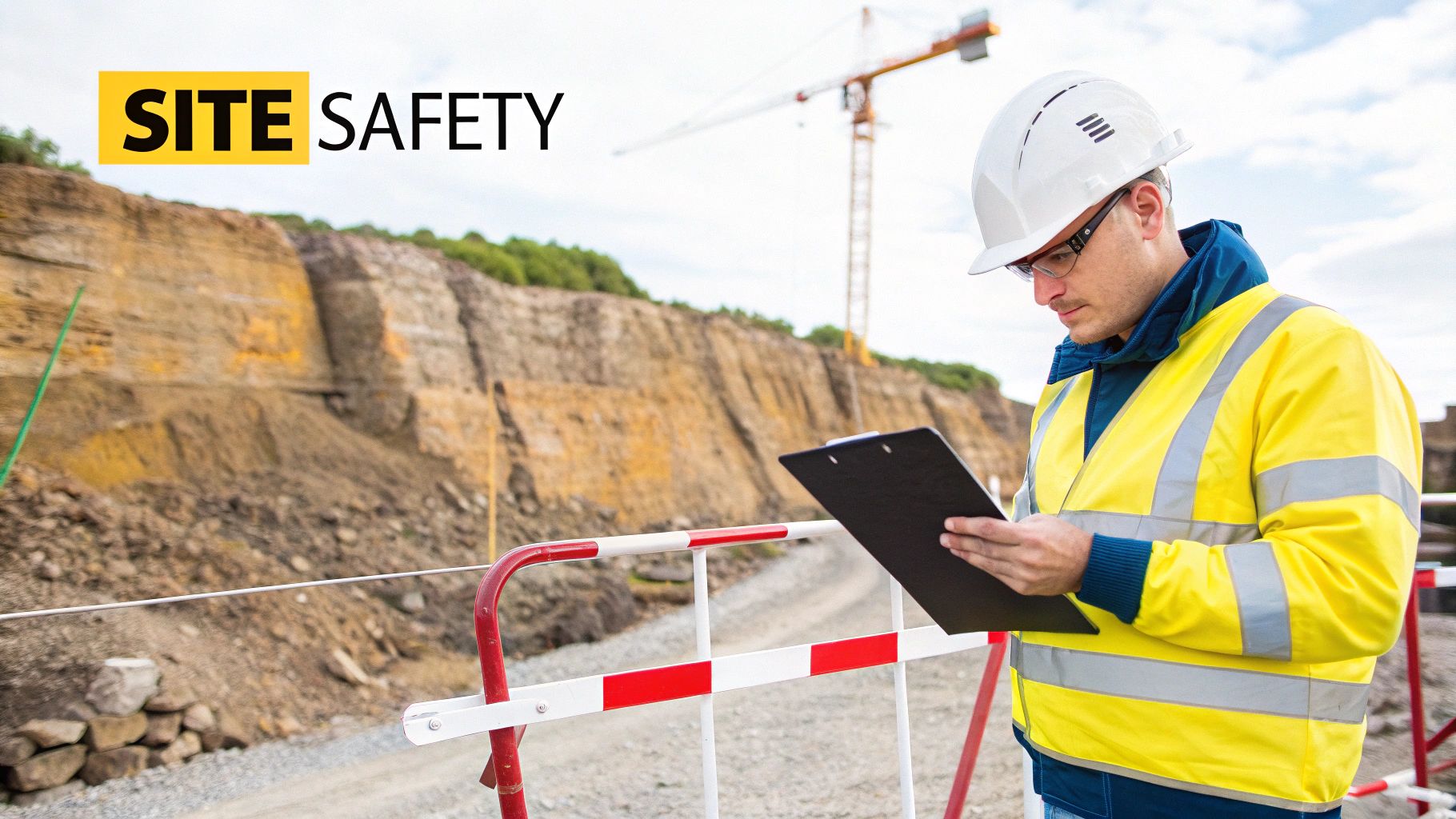 Construction worker in safety vest and hard hat reviewing documents at an excavation site.