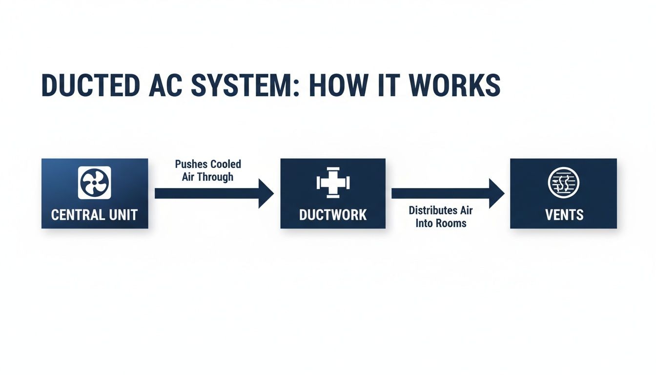 A diagram illustrates how a ducted AC system works, showing air flow from a central unit to vents.