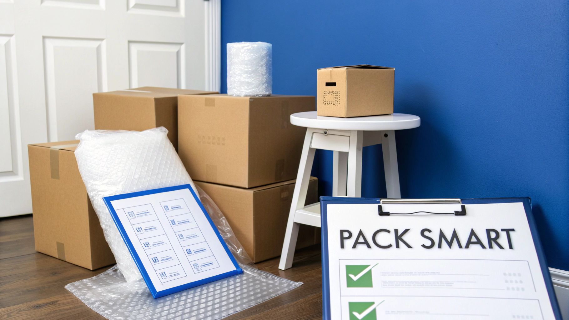 Moving boxes, bubble wrap, and packing lists ready for storage or relocation.