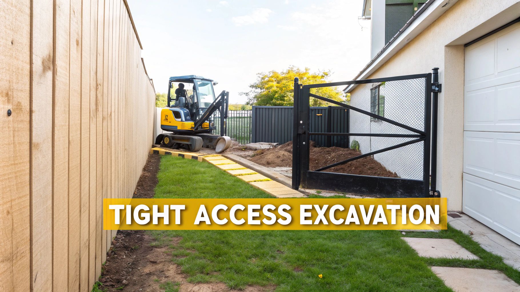 A mini-excavator working in a narrow space between two houses.