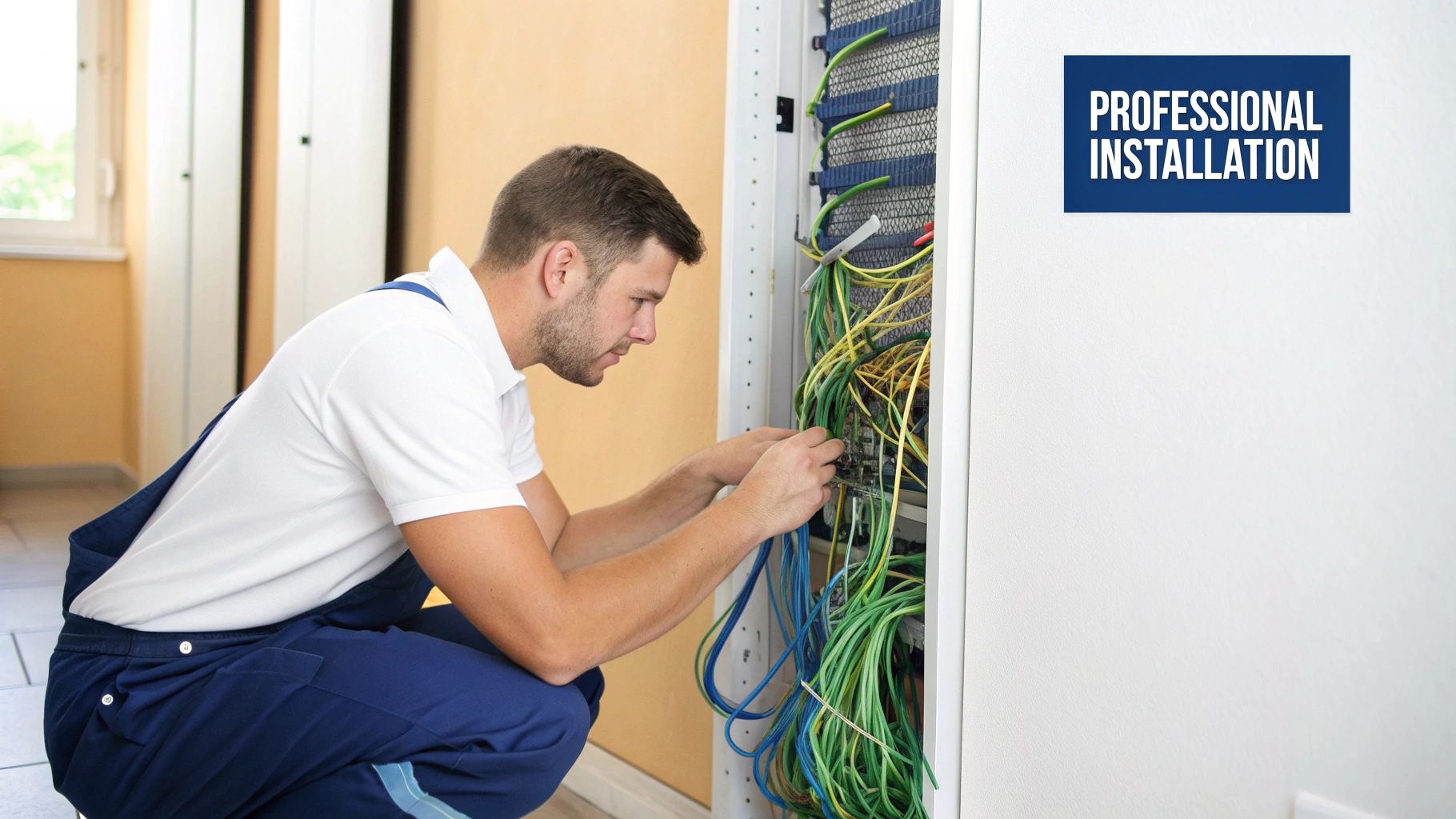 A professional data cable installer meticulously terminating a data cable into a wall plate.