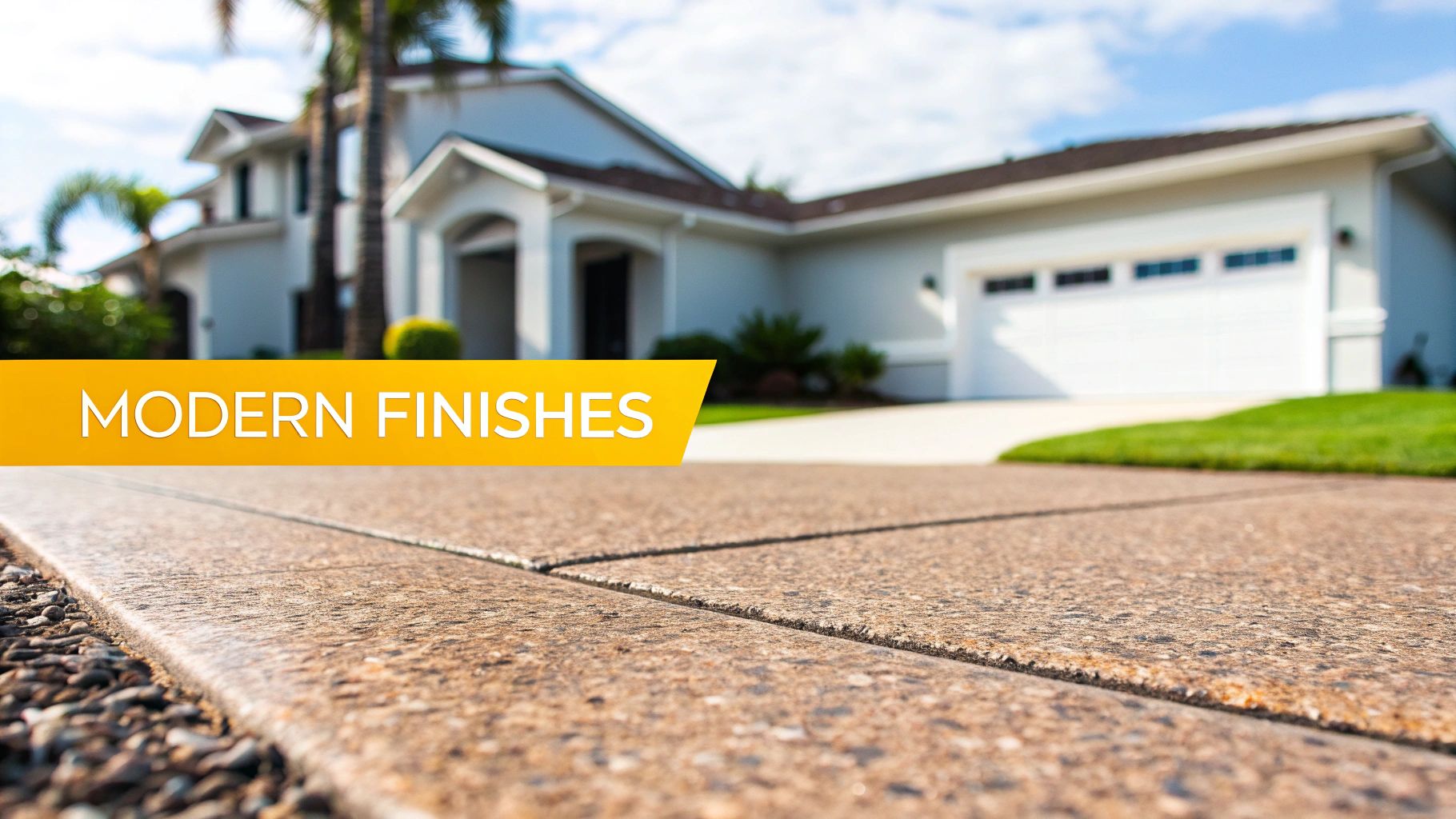 A modern, dark-coloured exposed aggregate concrete driveway leading to a home.