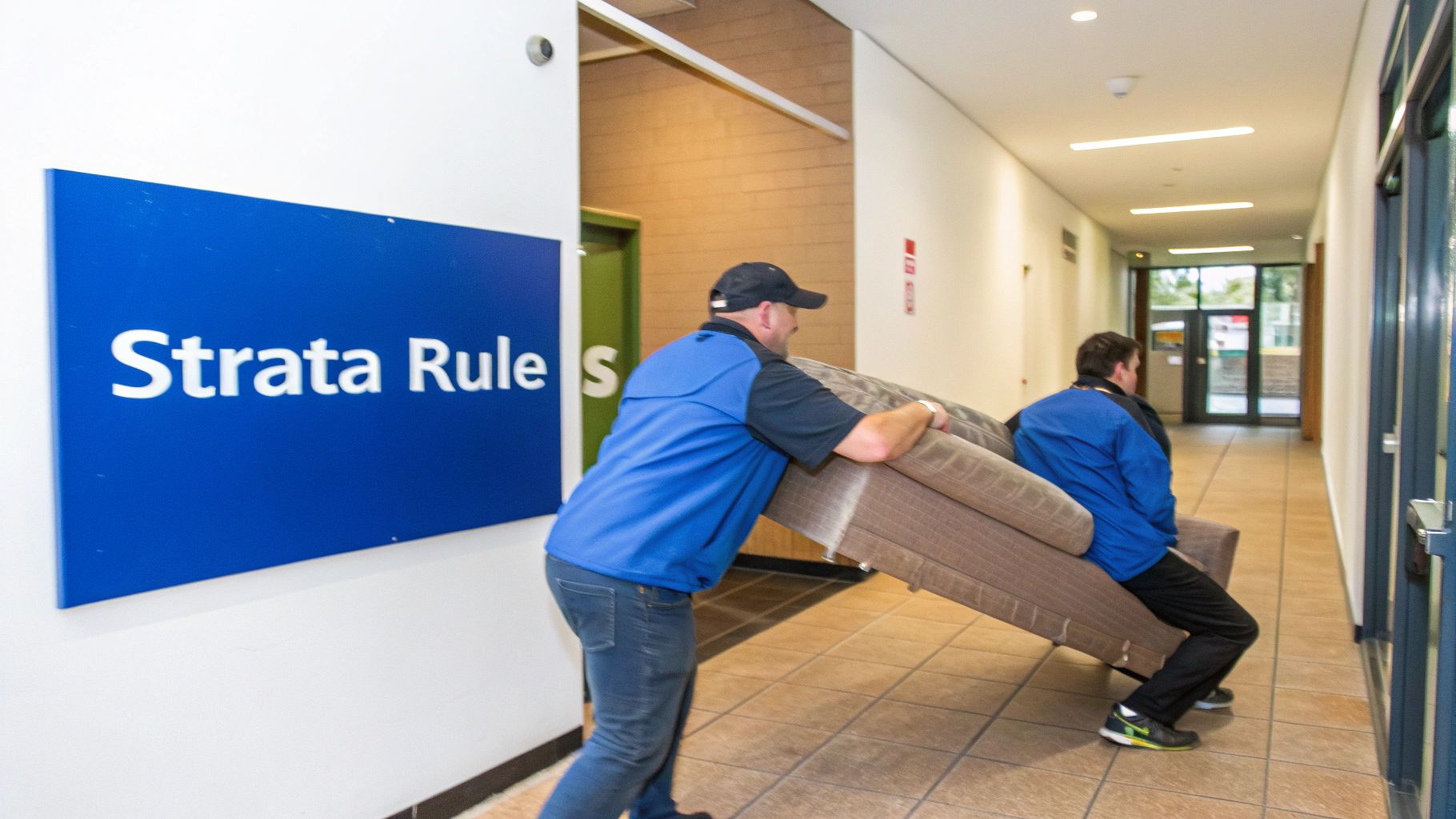 Two removalists in blue shirts carefully carry a large brown sofa down a modern building hallway.