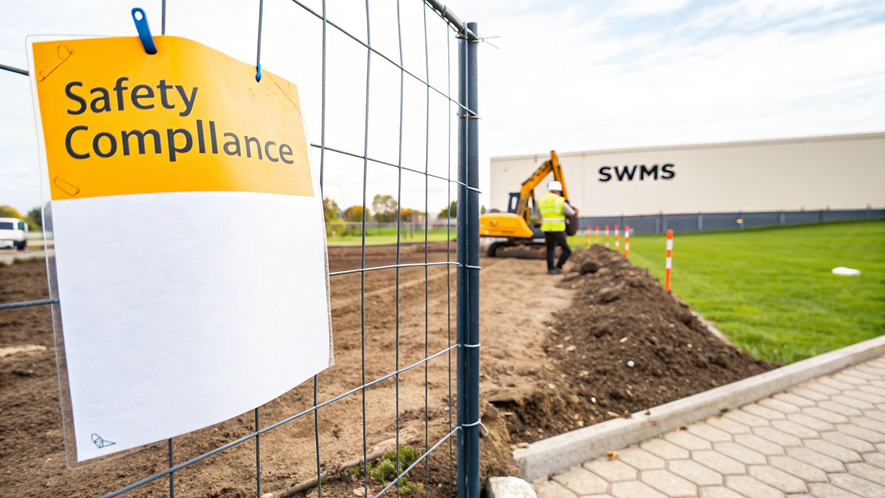 A fenced-off construction site showing erosion control measures.
