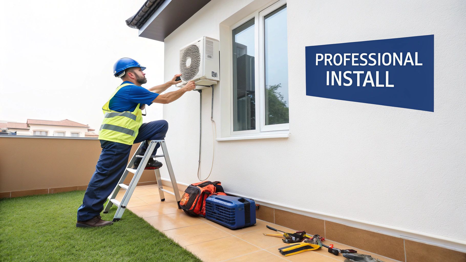 A professional technician in a hard hat and vest installs an air conditioner on a building wall.