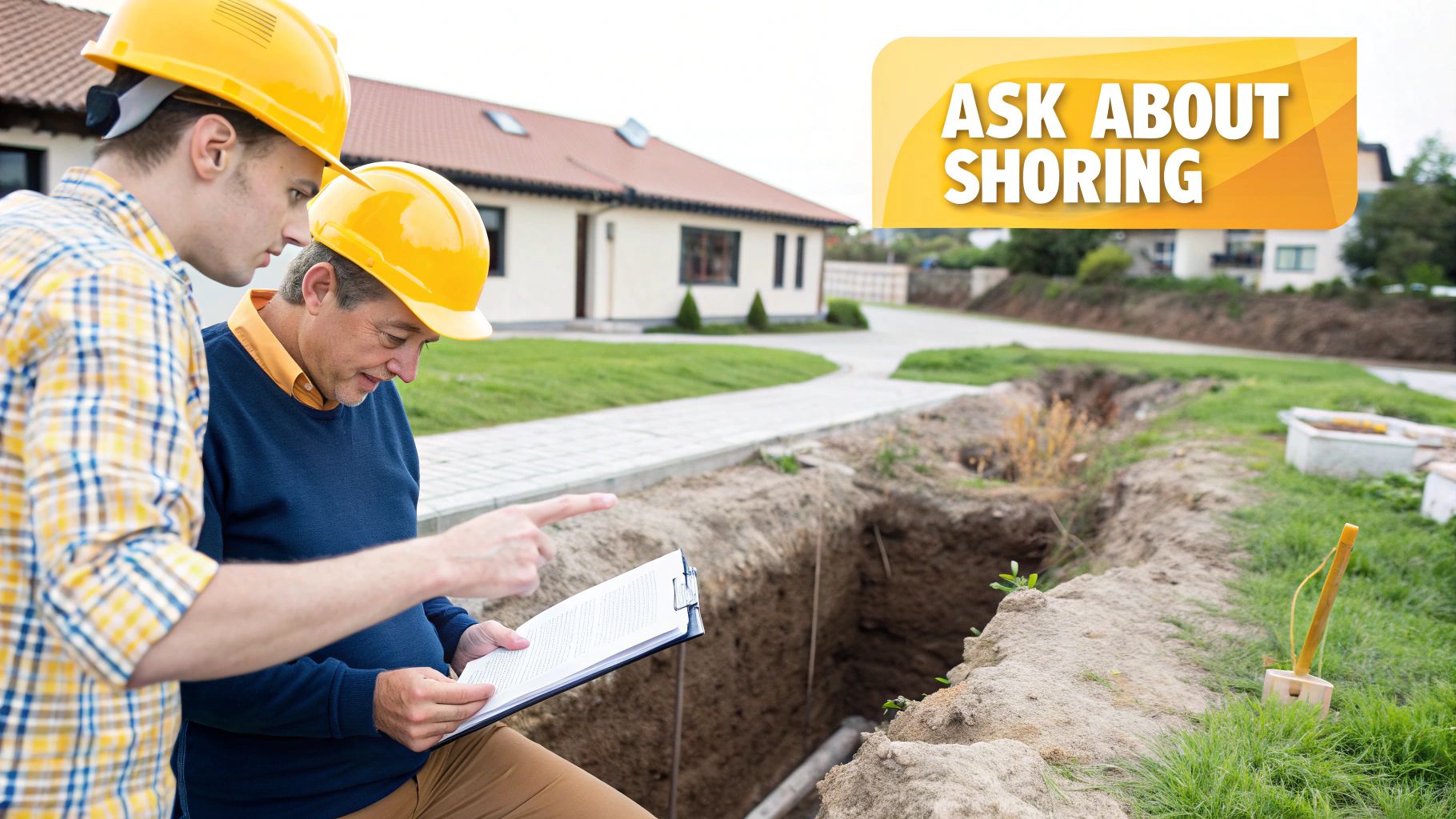 Construction workers in yellow hard hats inspecting excavation trench discussing shoring safety requirements