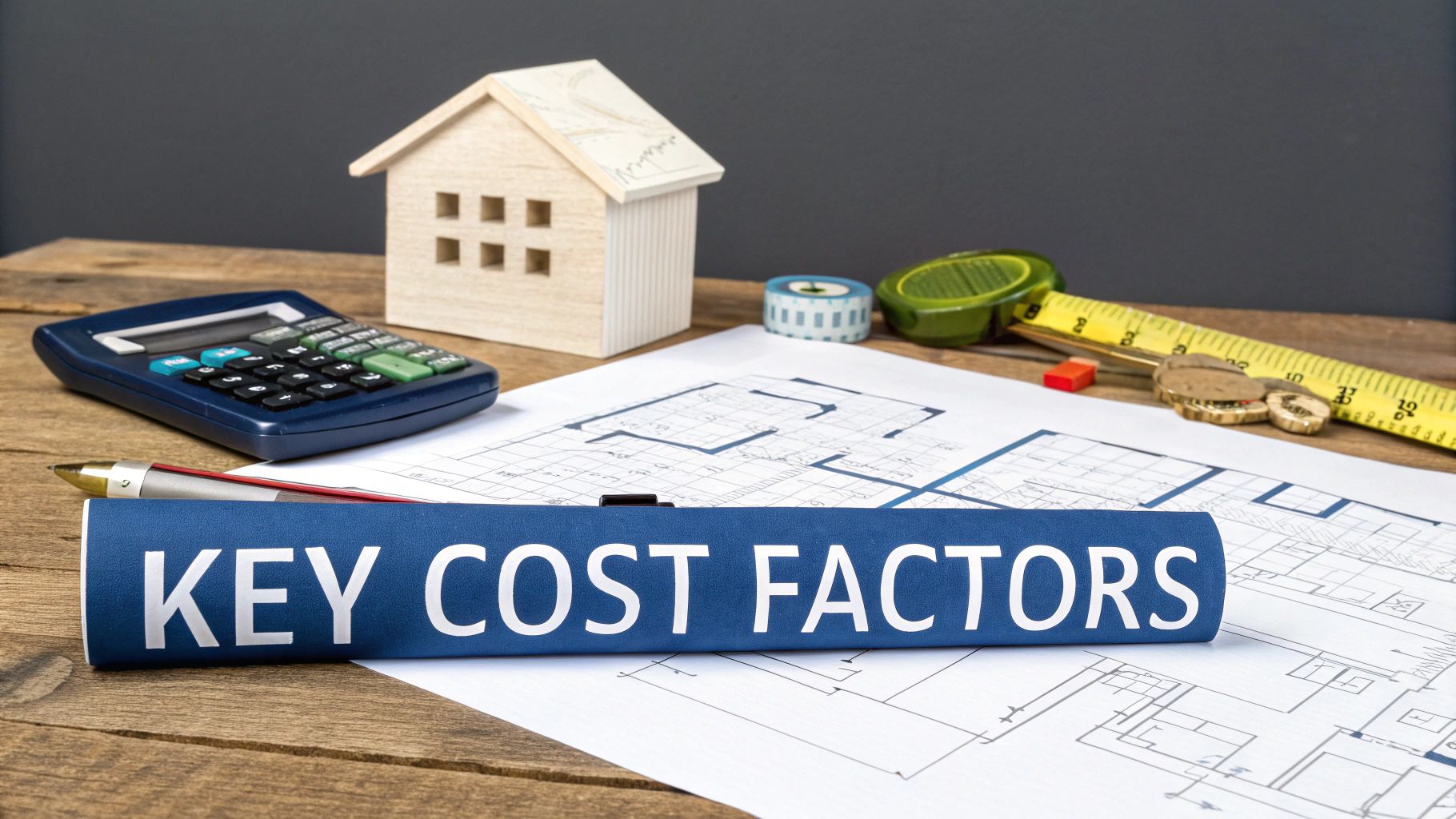 A calculator, blueprints, house model, and 'KEY COST FACTORS' document on a wooden desk.