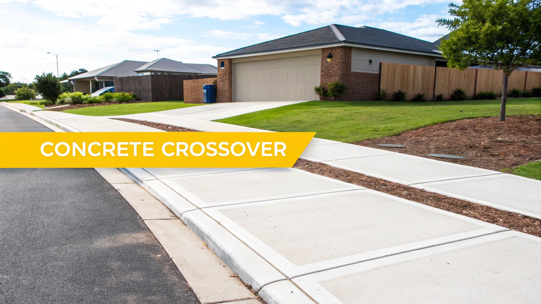 A new concrete driveway crossover connecting a residential street to a house with a green lawn.