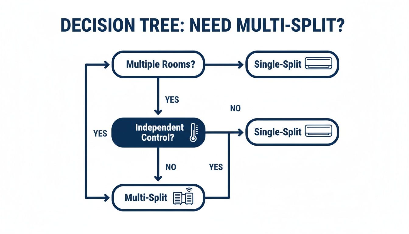Decision tree flowchart explaining when to choose a multi-split or single-split air conditioning system based on room count and independent control.