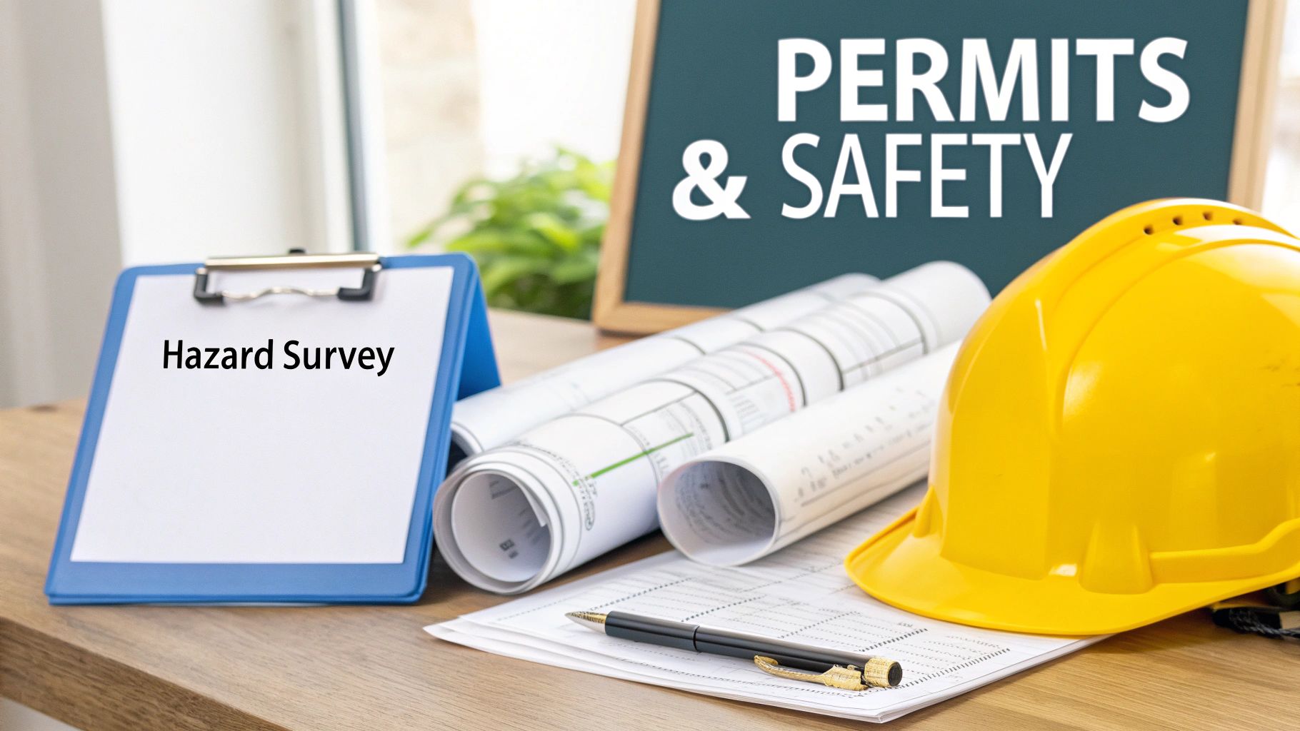 A construction desk with a 'Hazard Survey' clipboard, blueprints, and a yellow hard hat, near a 'Permits & Safety' sign.