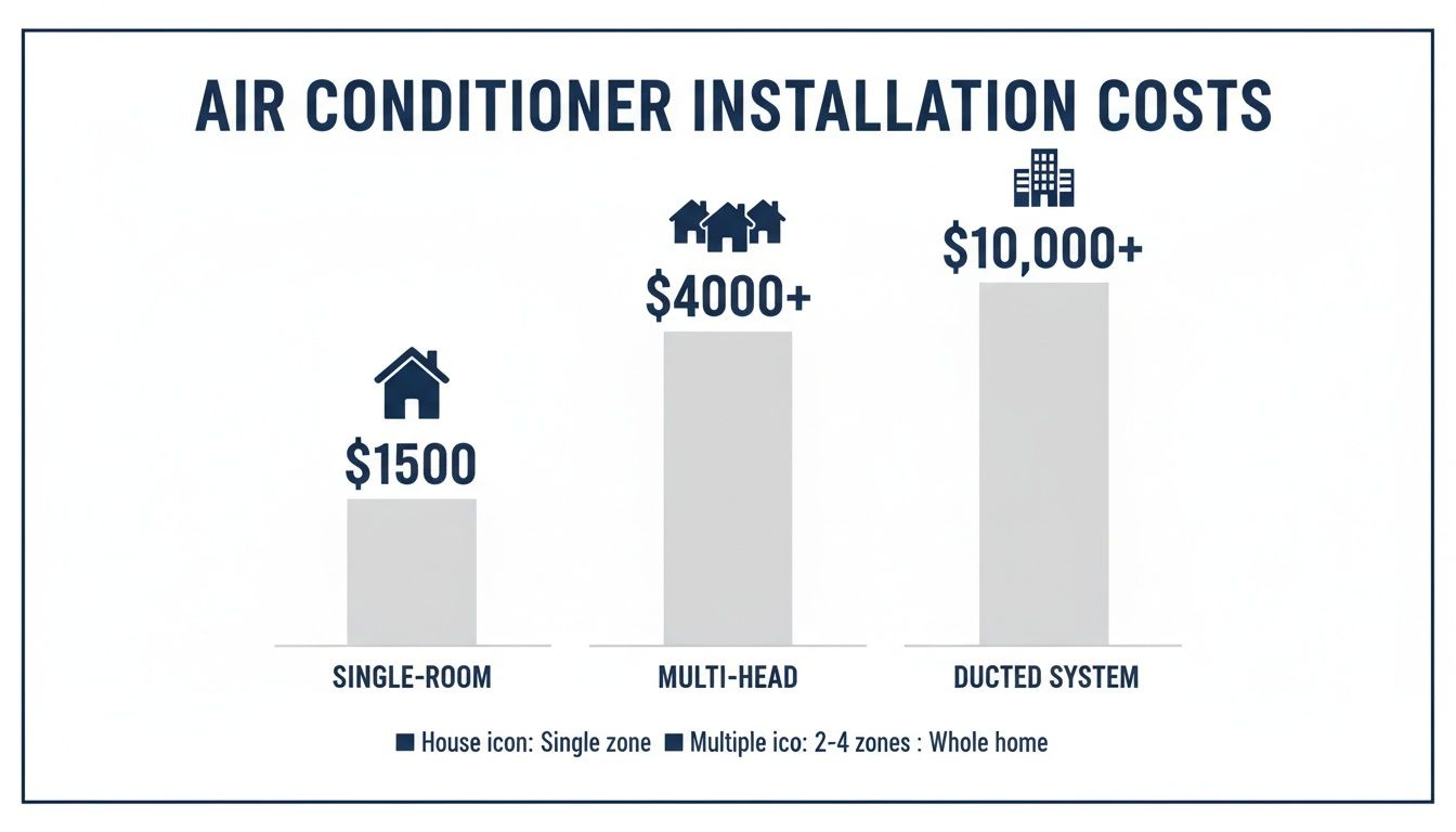 Bar chart illustrating air conditioner installation costs for single-room, multi-head, and ducted systems.