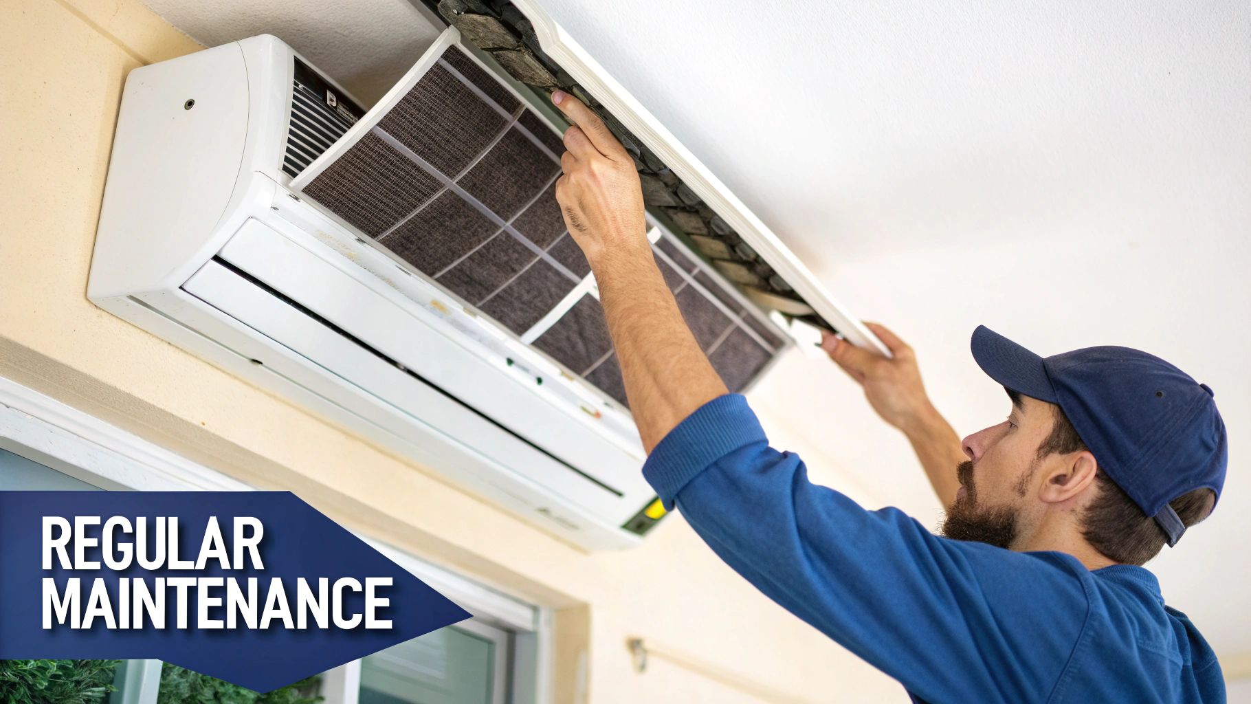 A man in a blue shirt performs regular maintenance on a split unit air conditioner, revealing a dirty filter.