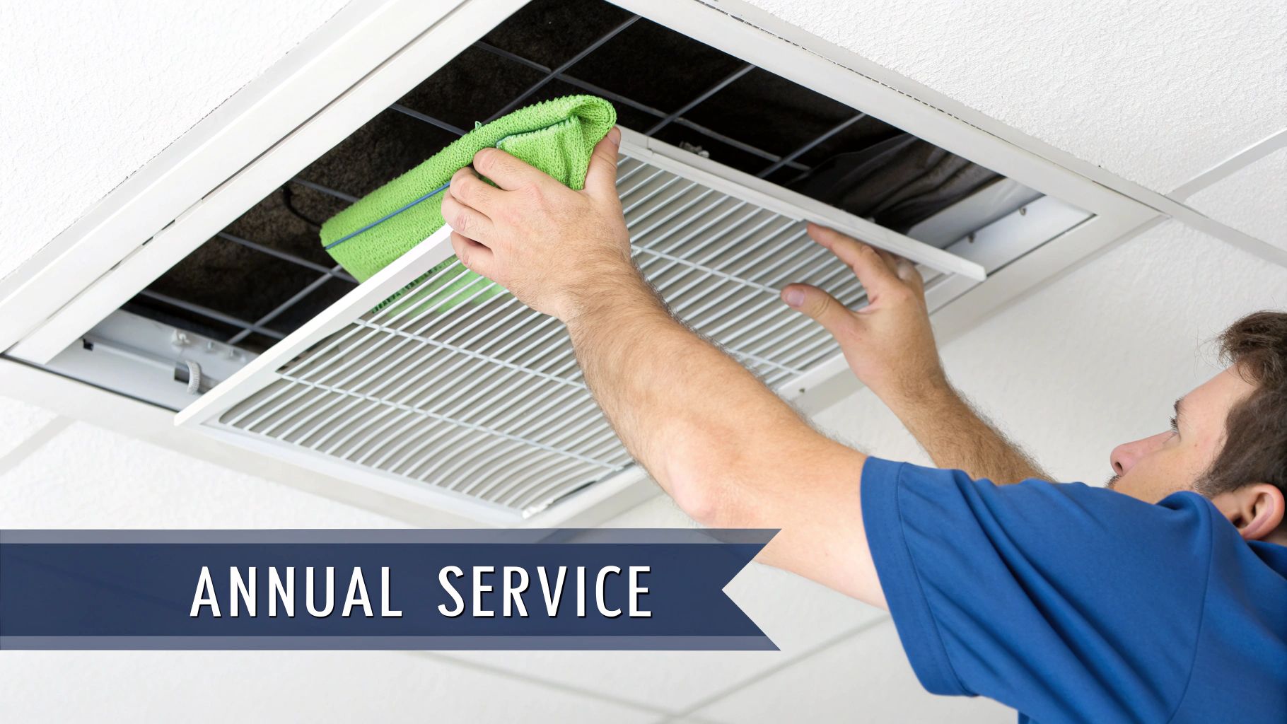 A technician performing annual service, cleaning a central air conditioning vent and filter in a ceiling.