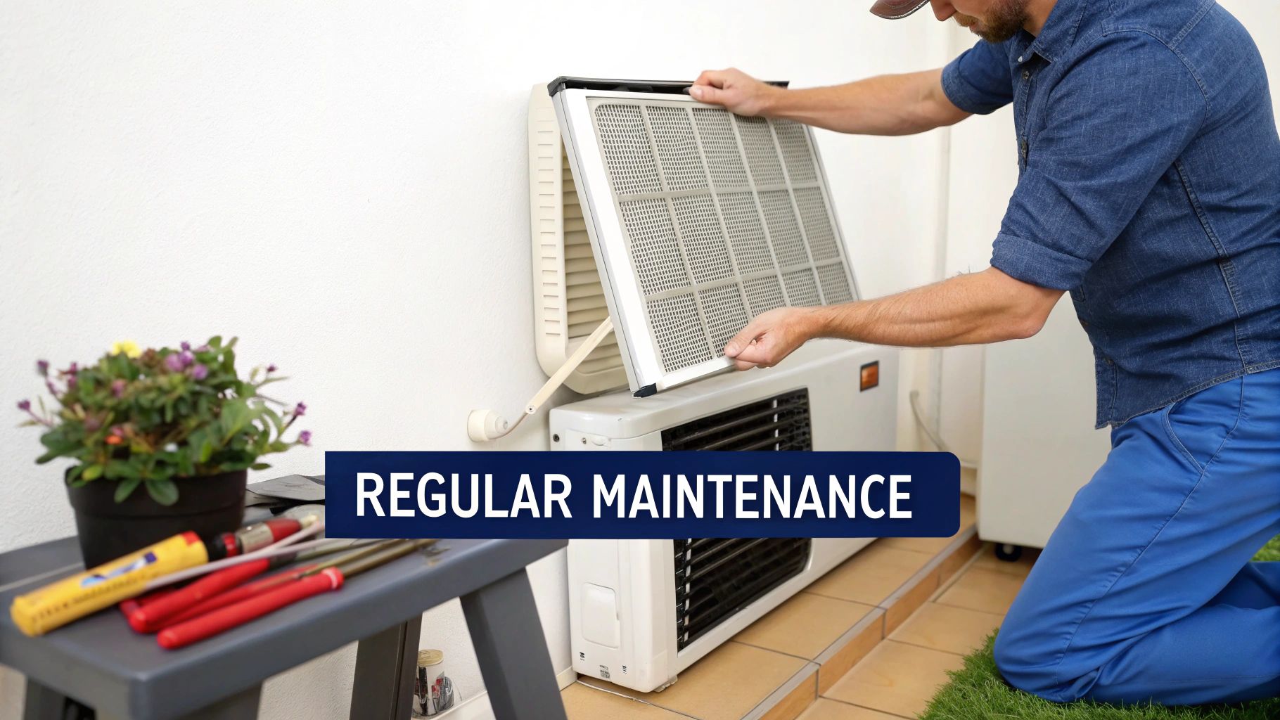 A technician kneels to clean and perform regular maintenance on an air conditioning unit, removing its filter.