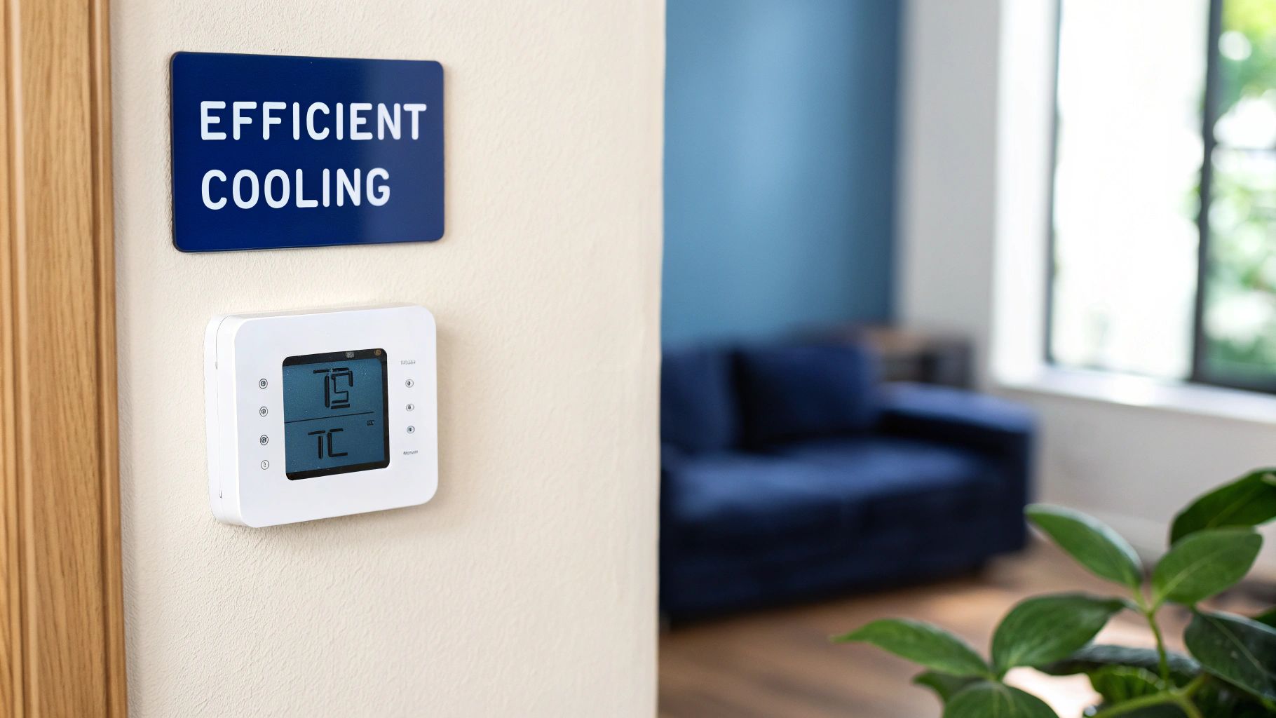 A modern living room with a split system air conditioner on the wall, and another image showing discreet ducted air conditioning vents in a ceiling.