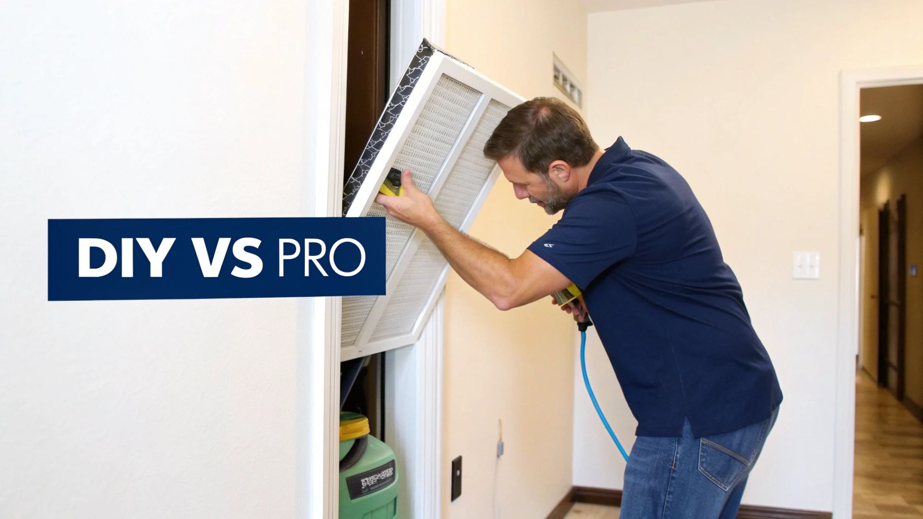 A man in a blue shirt services an HVAC air filter, highlighting DIY vs. professional options.
