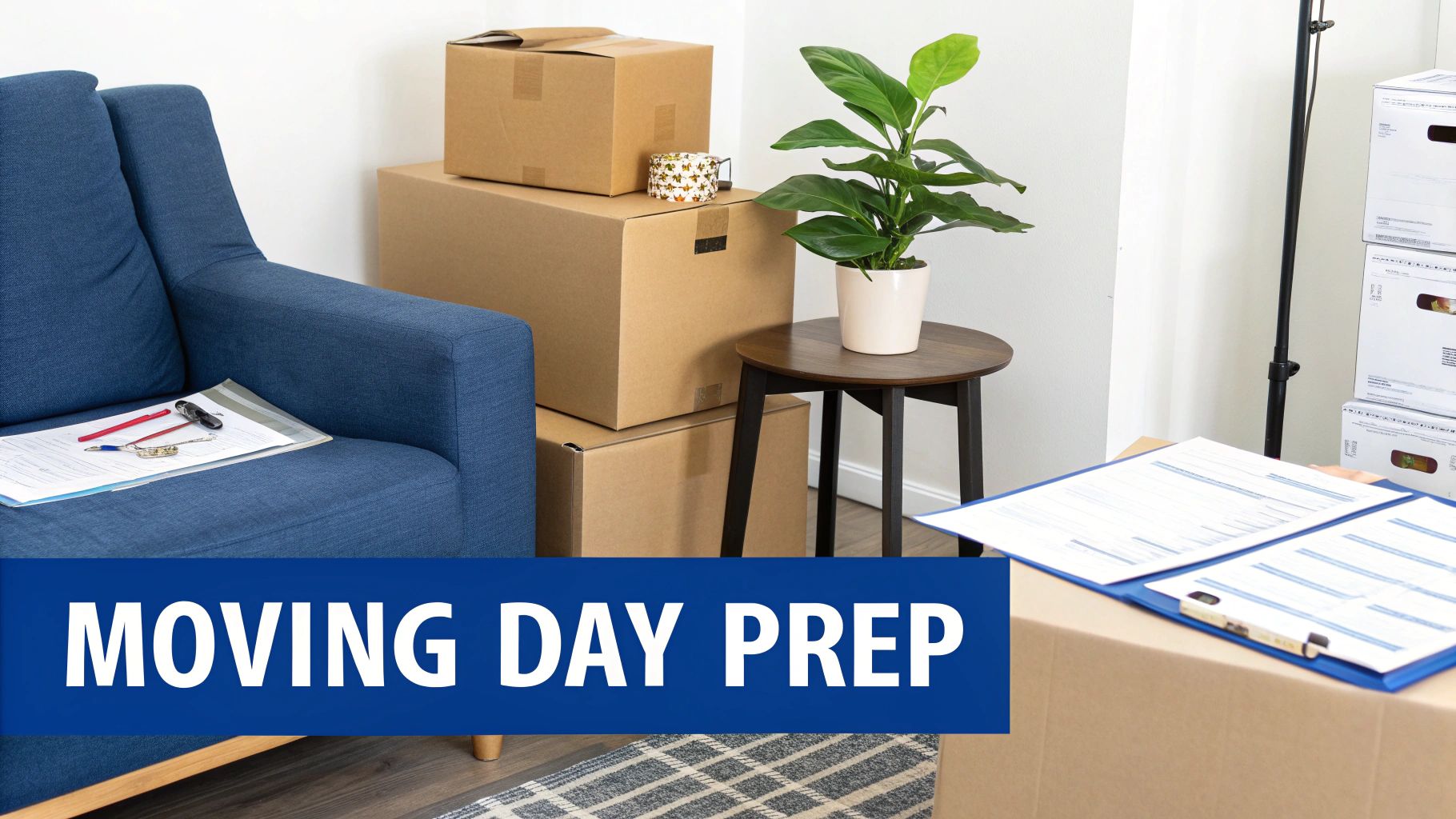 A home interior showing moving day preparation with packed boxes, a blue armchair, and important documents.