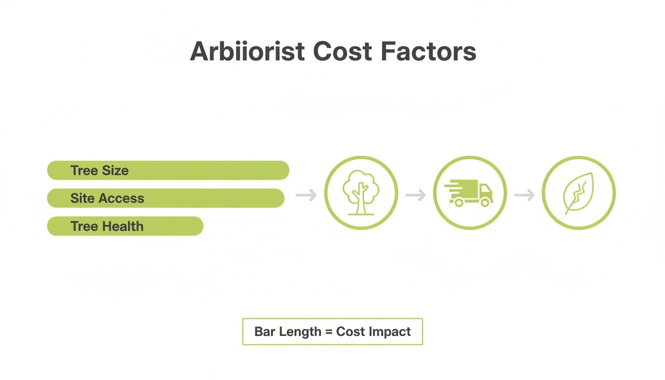 A diagram illustrating arborist cost factors: tree size, site access, and tree health, indicating cost impact.