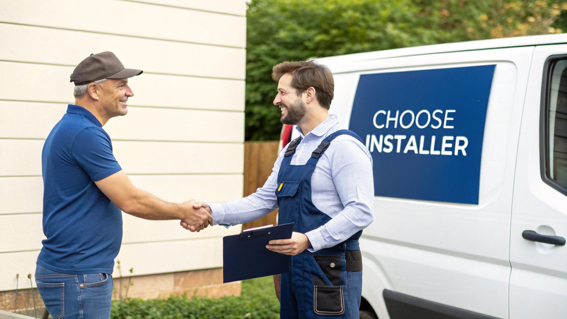Two men, a customer and an installer, smiling and shaking hands in front of a service van.