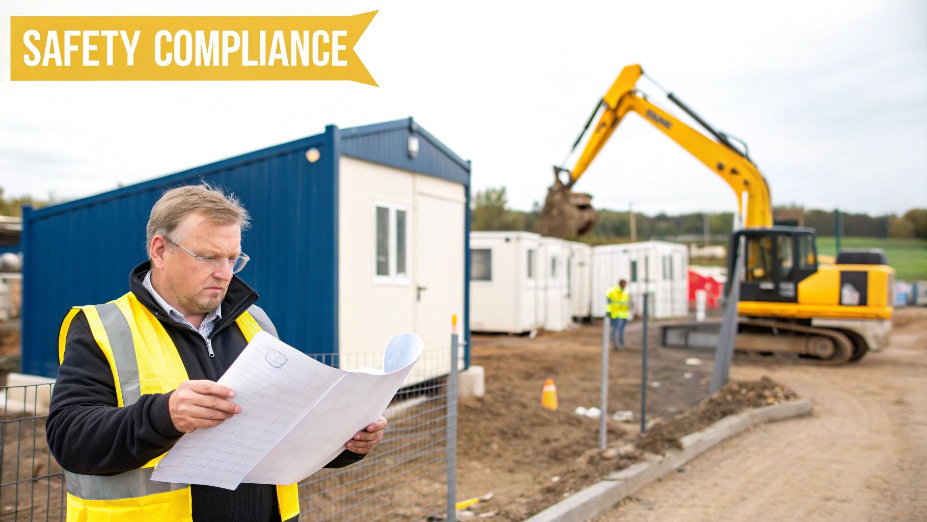 Excavator working on a construction site with safety fencing.