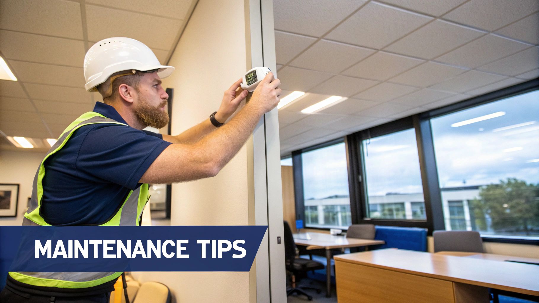 A professional technician installing a commercial burglar alarm sensor on a wall.