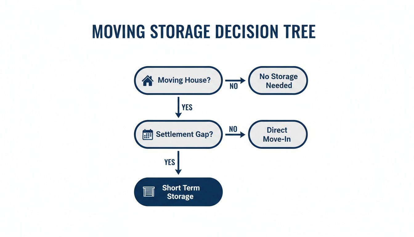 A moving storage decision tree flowchart showing when short term storage is needed, based on moving house and settlement gap.