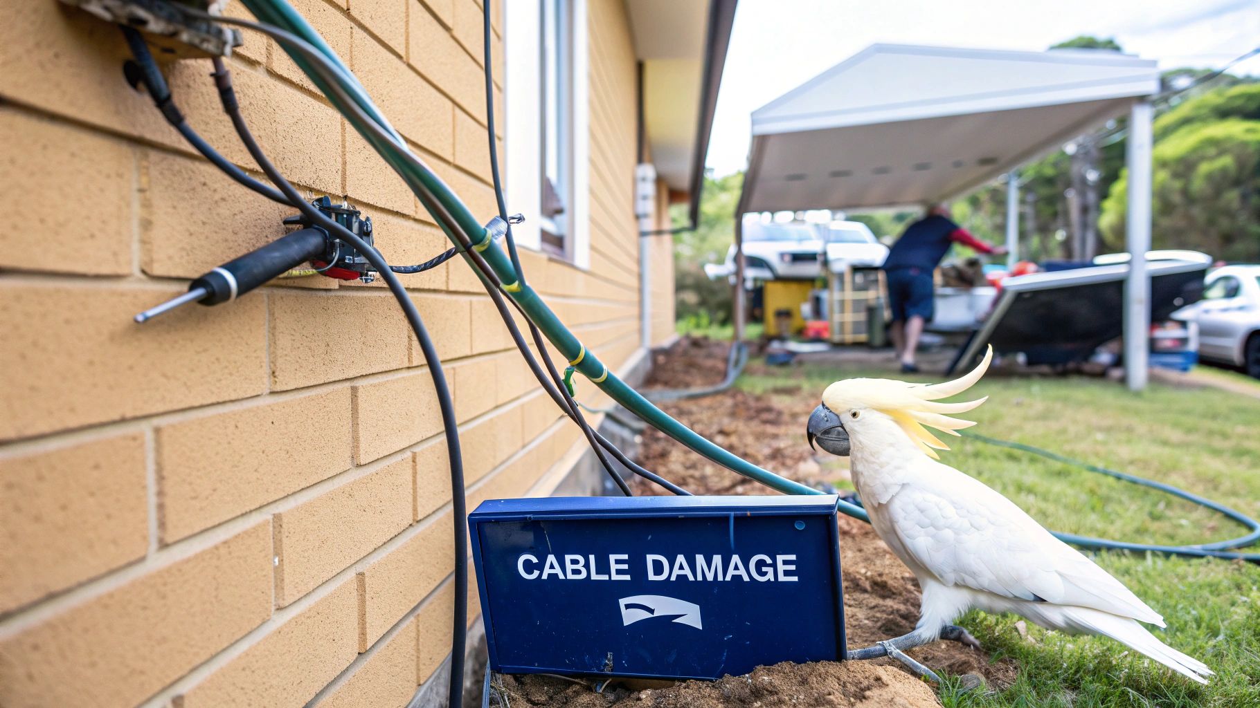 A close-up shot of a damaged NBN cable, showing frayed wires.