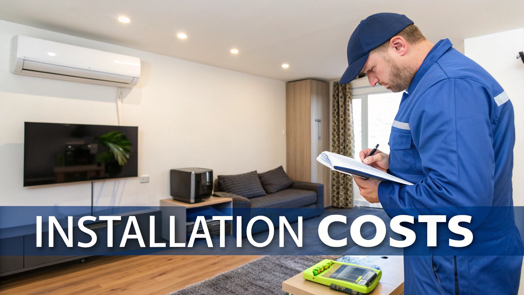 A technician in blue uniform inspects a modern room with a wall-mounted air conditioning unit, providing an installation estimate.