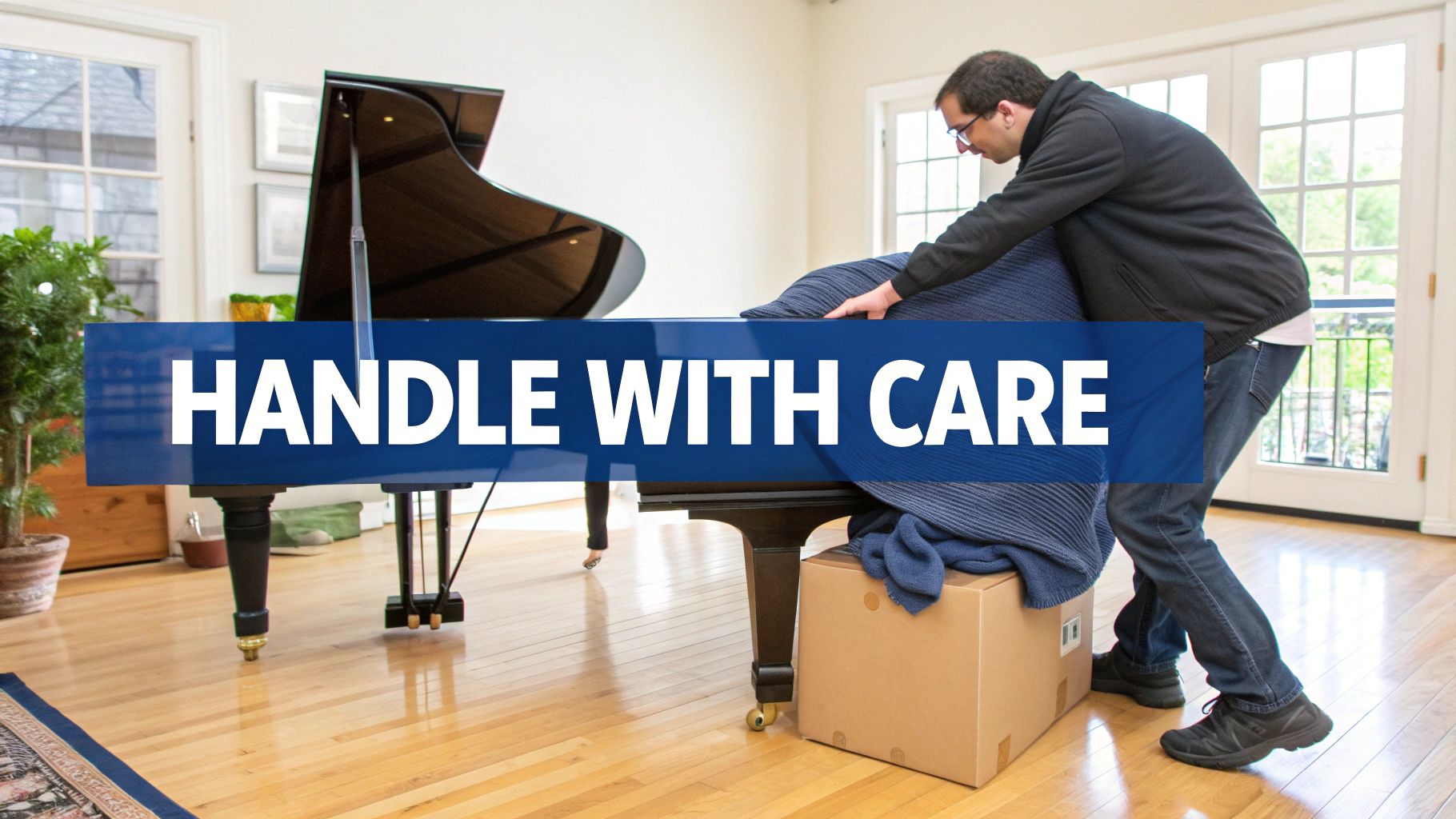A man carefully covers a grand piano with a blue blanket, preparing it for moving.