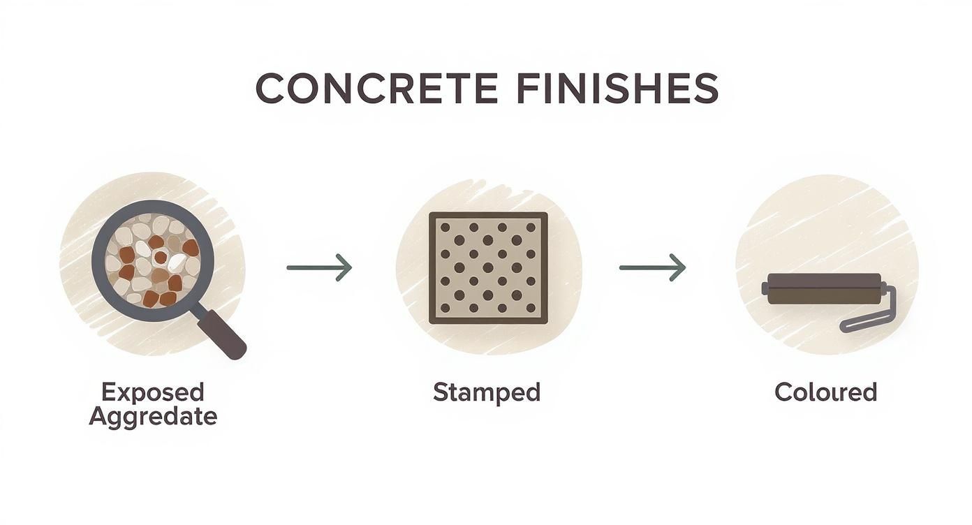 Infographic showing the process flow for creating different concrete finishes: Exposed Aggregate, Stamped, and Coloured.