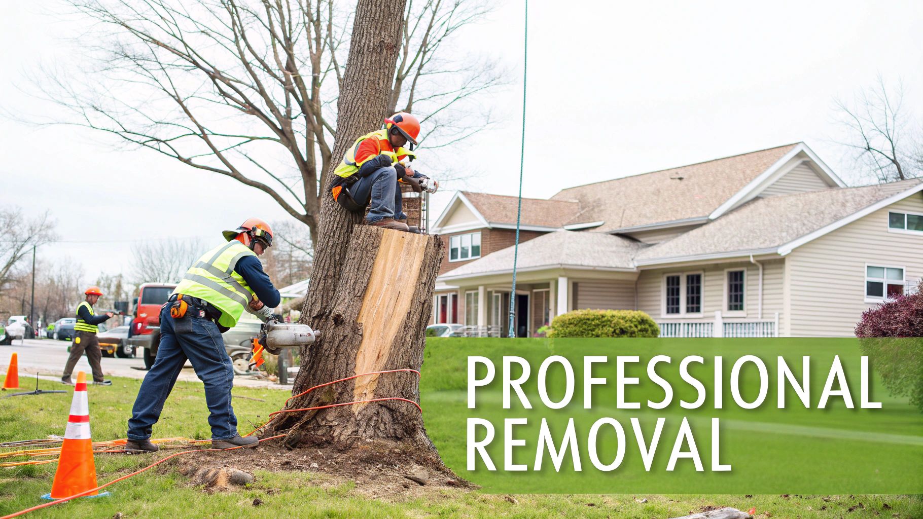Professional arborists use chainsaws to remove a large tree, with a house and green lawn in the background.