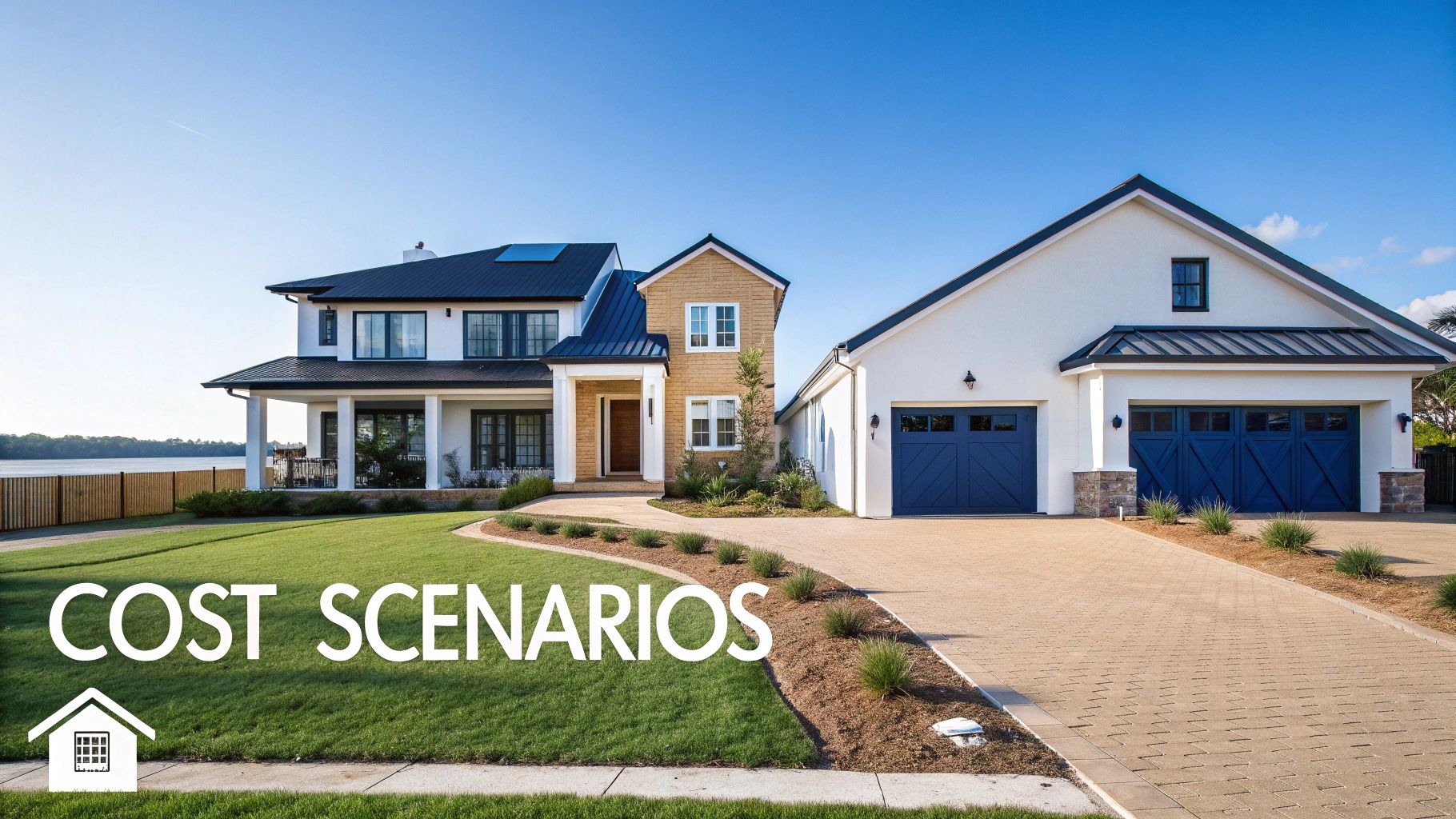 A large, modern house with a separate garage, lush lawn, and paved driveway by a lake.
