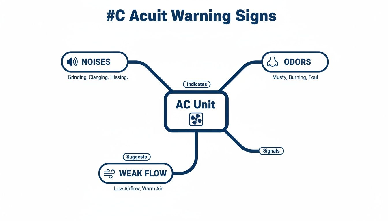 An infographic detailing critical AC unit warning signs like strange noises, foul odors, and weak airflow.