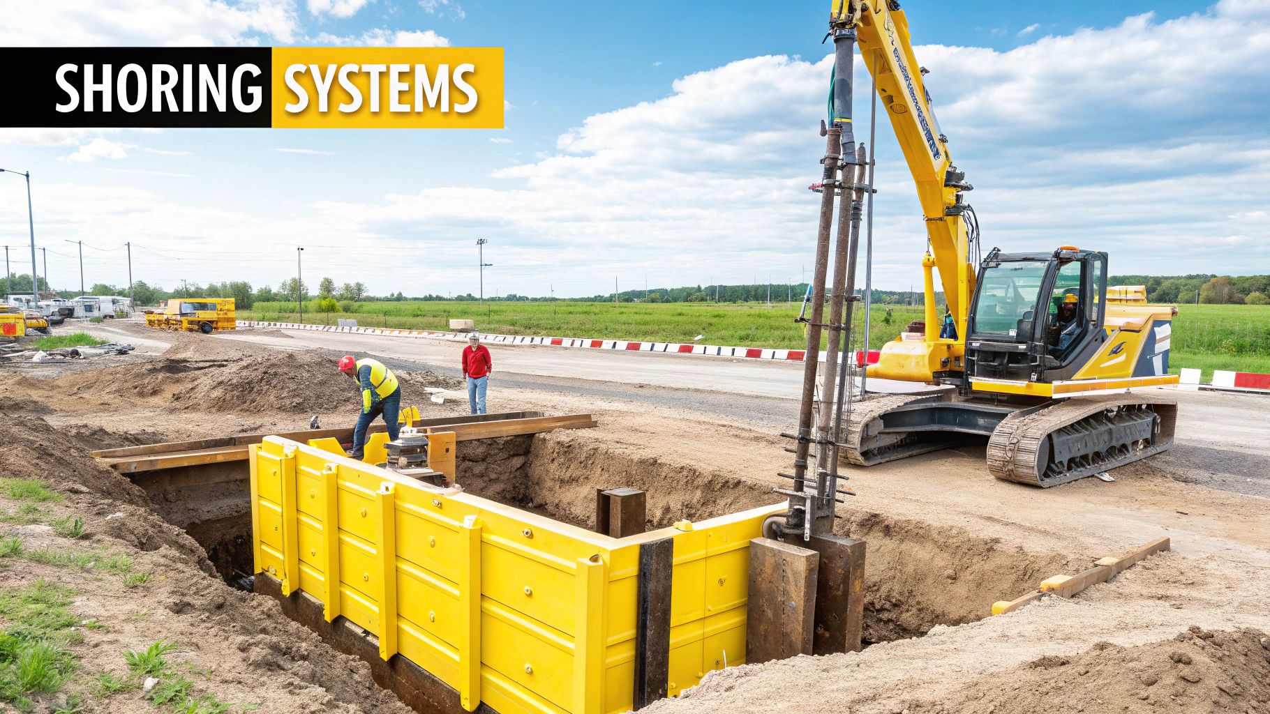 Yellow shoring system installation at construction excavation site with heavy machinery and safety barriers