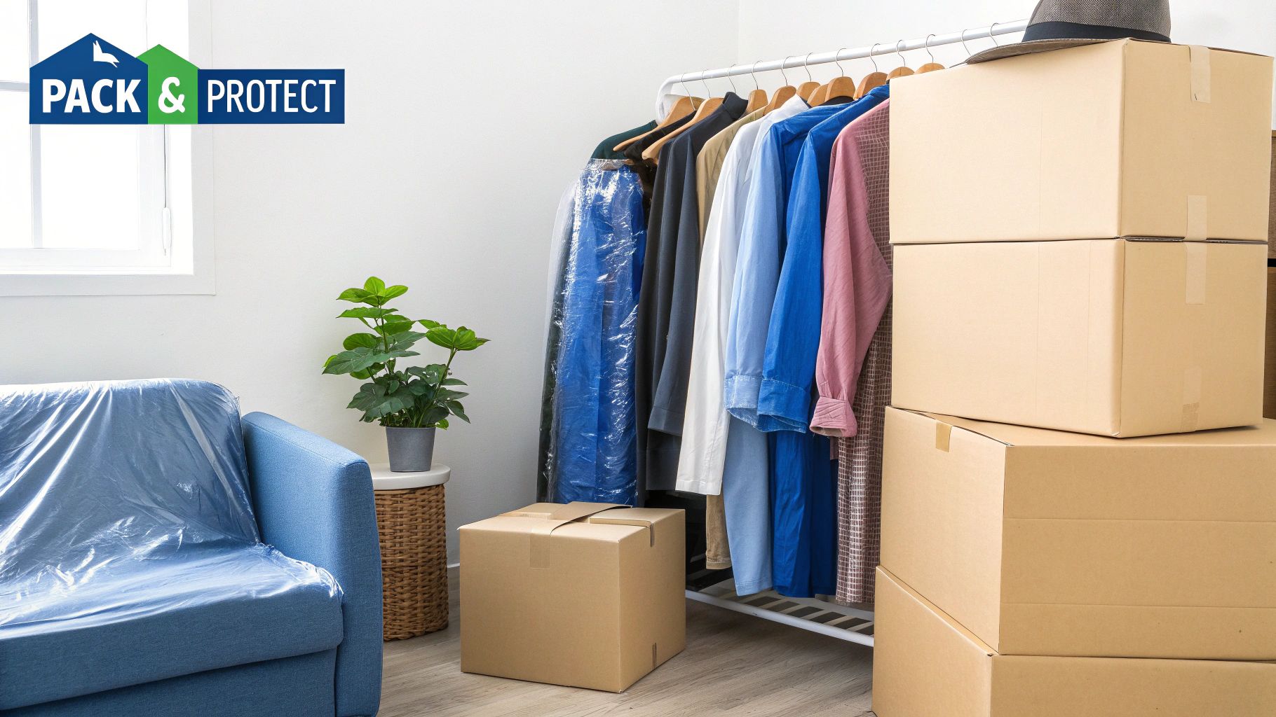 A room prepared for moving with a blue sofa covered in plastic, a clothes rack, and stacked moving boxes.