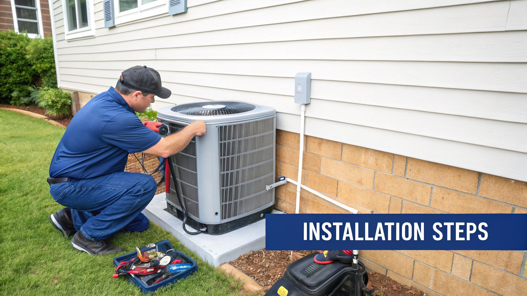 A technician installs an outdoor air conditioning unit next to a house, with tools on the grass.