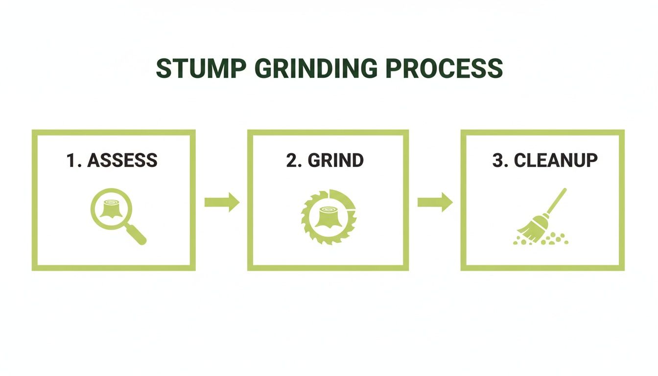 Infographic illustrating the 3-step stump grinding process: assess, grind, and cleanup.