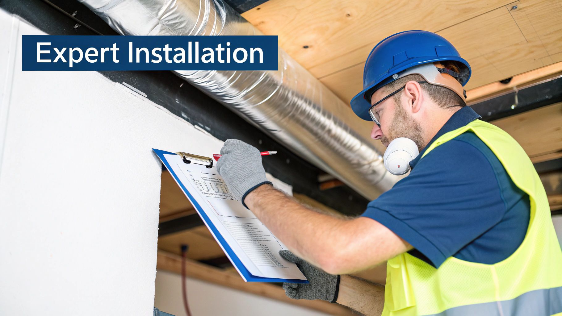 A professional HVAC technician in safety gear inspects ductwork with a clipboard, under 'Expert Installation' text.