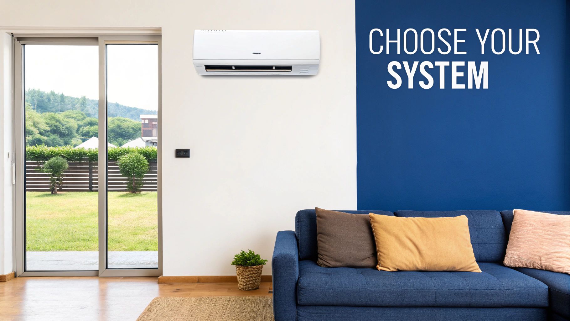 Modern living room with air conditioning unit on a white wall, blue sofa, and garden view.