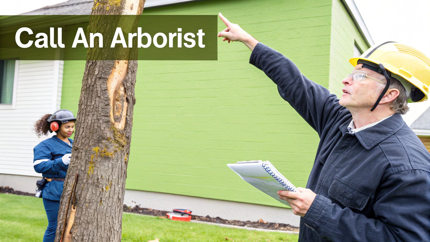 An arborist in a hard hat points upwards, inspecting a damaged tree with a clipboard.
