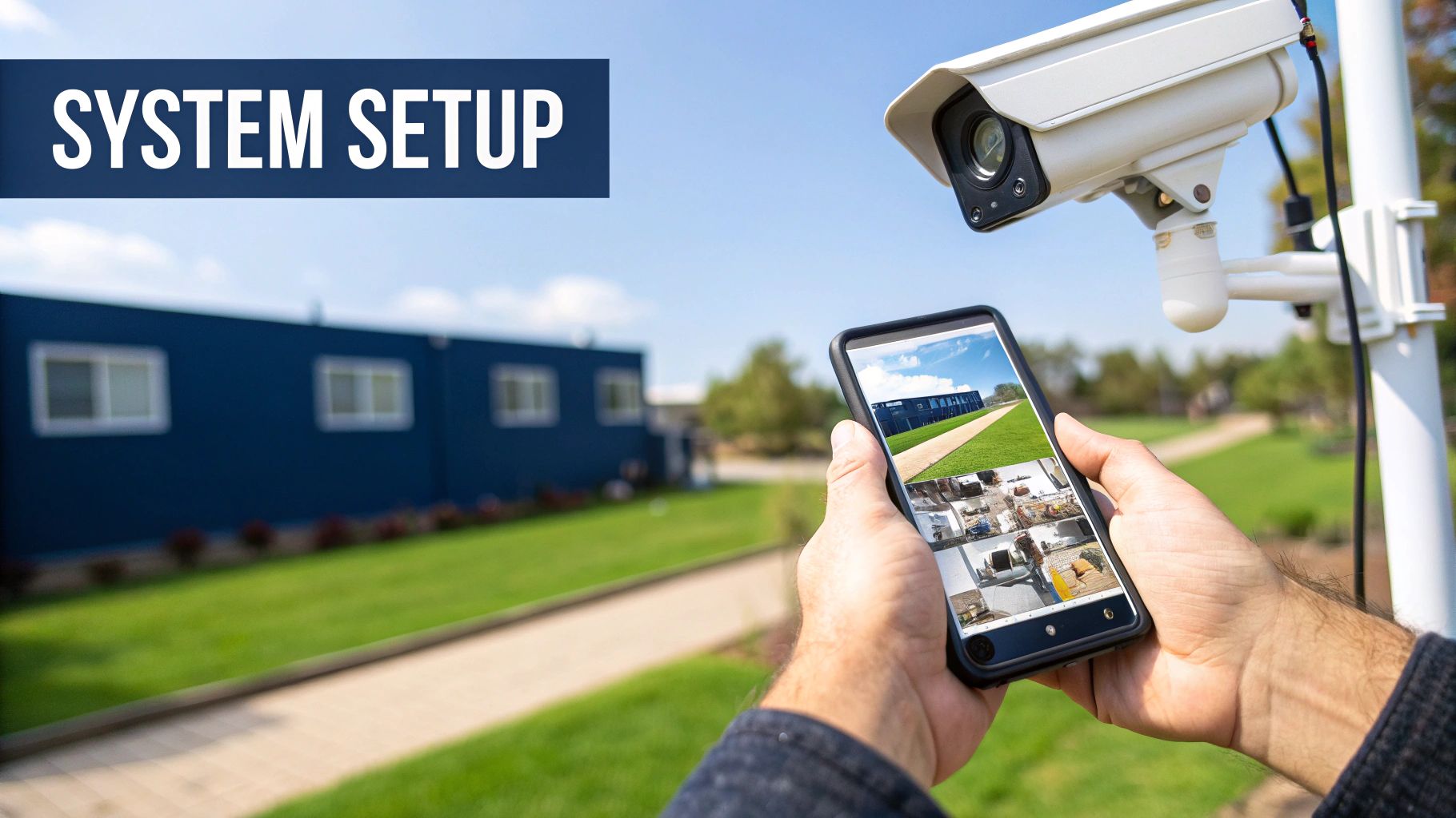A person configuring their new security camera system on a tablet, with the live feeds visible on the screen.