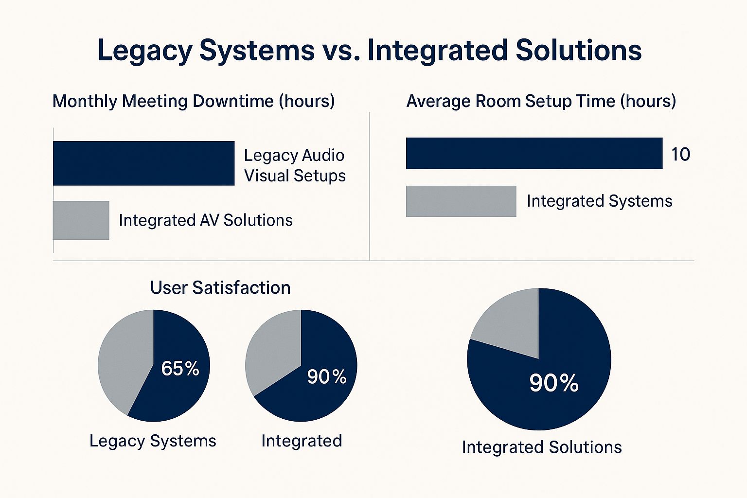 Infographic comparing downtime, setup time, and user satisfaction between legacy and integrated AV systems.