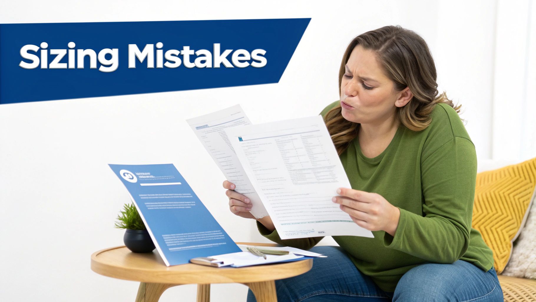 A woman looks confused while reading papers under a blue banner saying 'Sizing Mistakes'.