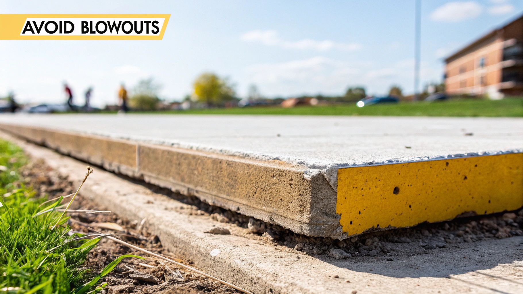 A concrete slab with a yellow edge is lifted, revealing the separation from the ground or curb.