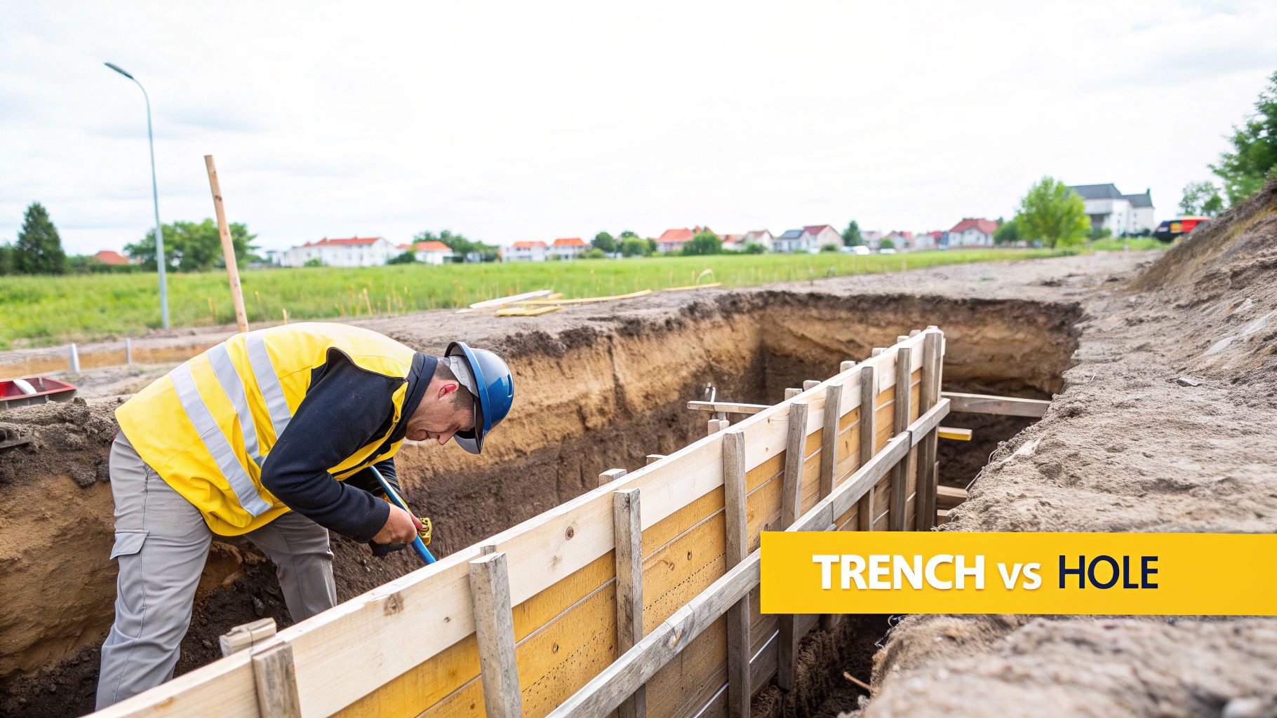 A construction worker in a safety vest and hard hat works inside a deep trench with wooden shoring, against a suburban background.